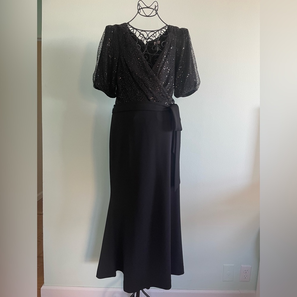 DKNY wrap style gown in black with shimmering details and belt